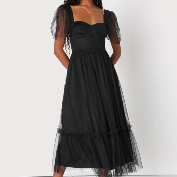 DRESS w/ POCKETS!! Black Tulle Bustier Swiss Dot Midi Dress -Elegant & Romantic - Picture 5 of 12